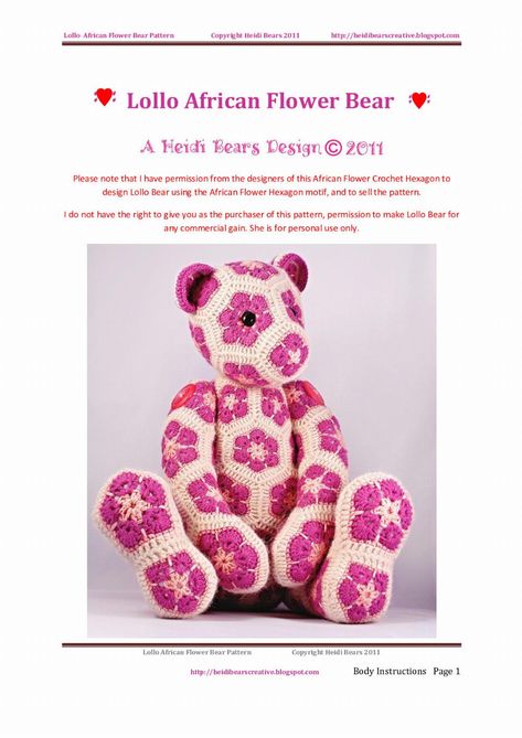 Granny Square Bear Pattern, African Flower Elephant Pattern Free, African Flower Crochet Animals Free Pattern, African Crochet, African Flower Crochet Animals, Scrap Crochet, Crochet African Flowers, Flower Bear, Flower Granny Square