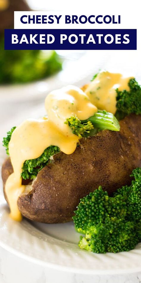 Baked potatoes made in the crockpot and piled high with broccoli and cheddar cheese sauce. A perfect easy dinner! Baked Potato Broccoli Cheese, Slow Cooker Baked Potatoes, Sauce For Broccoli, Cheese Sauce For Broccoli, Slow Cooker Baking, One Pot Vegetarian, Crock Pot Potatoes, Broccoli Bake, Cheddar Cheese Sauce