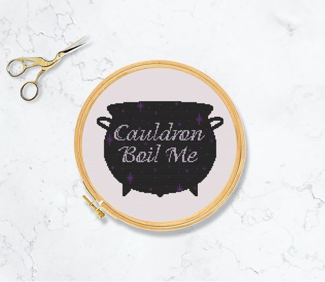 "Cauldron Boil Me cross stitch pattern. Plus bonus plain cauldron pattern This is a digital item, you will not receive the finished item, it is to create yourself. The PDF file of the pattern will be available for instant download once payment is confirmed. PDF PATTERN INCLUDES ◊ Color photo of finished stitch ◊ Easy-to-read, full-color chart ◊ List of DMC thread colors PATTERN DETAILS ◊ Fabric used in the picture: Aida 14 count  ◊ Stitch count:123 stitches wide and 93 stitches tall ◊ DMC color count: 3 ◊ Finished size: Approximately  23.4 cm ( 8.8 in.) x 16.8 cm ( 6.6 in.) on 14-count Aida HOW TO DOWNLOAD PATTERN You will be emailed a link to download the pattern. The PDF is also available under \"Purchases and reviews\" under your Etsy account once payment is confirmed.  ©NicheStitches 123 Stitch, Quote Cross Stitch, Fantasy Witch, Crochet Cross, Witch Halloween, Dmc Thread, Cross Stitch Charts, Pattern Books, Fantasy Books