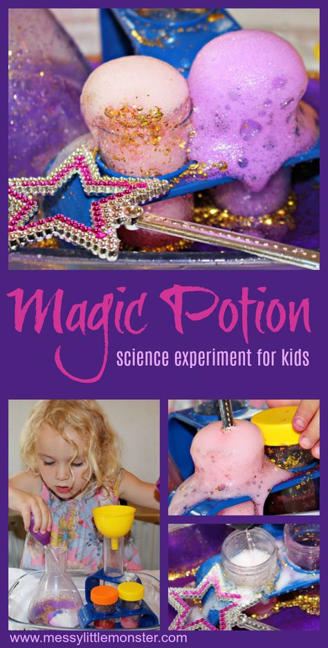 Wow the kids with this fun and easy science experiment for kids. They will be amazed as they watch baking soda and vinegar react to form a fizzing magic potion. This cool science experiment for preschoolers upwards would make a fun Halloween activity for kids! Fizz Science Experiment, Fairytale Science Experiments, Princess Science Experiments, Magic Preschool Theme, Magic Potion Science Experiment, Magic For Preschoolers, Magic Preschool Activities, Magic Experiments For Kids, Preschool Potion Making