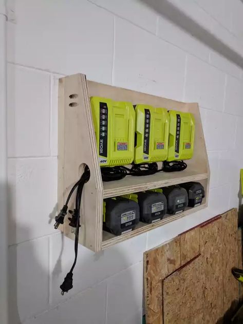 Picked up some free 7ply at Home Depot - Imgur Ryobi Battery Charging Station, Battery Charging Station Ideas, Garage Charging Station, Power Tool Battery Charging Station, Tool Charging Station Diy, Tool Battery Charging Station, Tool Charging Station, Battery Charger Station, Battery Charging Station