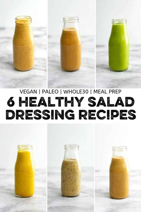 6 healthy salad dressing recipes that will take any salad from boring to flavorful! These salad dressing recipes are easy to make, packed with flavor, vegan, dairy free, paleo and Whole30 friendly! You are going to love how easy it is to make homemade salad dressing! Low Calorie Salad Dressing, Healthy Salad Dressing Recipes, Homemade Dressing Recipe, Avocado Cilantro Dressing, Healthy Dressing Recipes, Creamy Balsamic Dressing, Asian Salad Dressing, Low Calorie Salad, Healthy Dressing