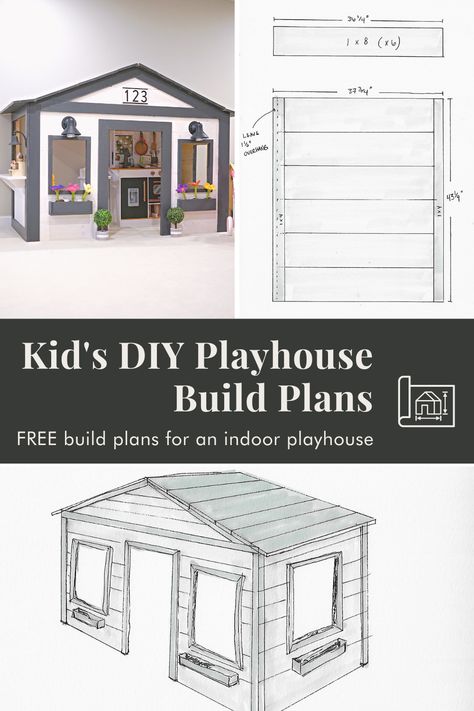 Free Indoor Wooden Playhouse DIY Build Plans at www.kylamariecharles.com Diy Wood Playhouse, Playhouse Build, Kids Playroom Basement, Playhouse Diy, Playhouse Indoor, Playhouse Interior, Kids Indoor Playhouse, Indoor Playground Design, Wood Playhouse