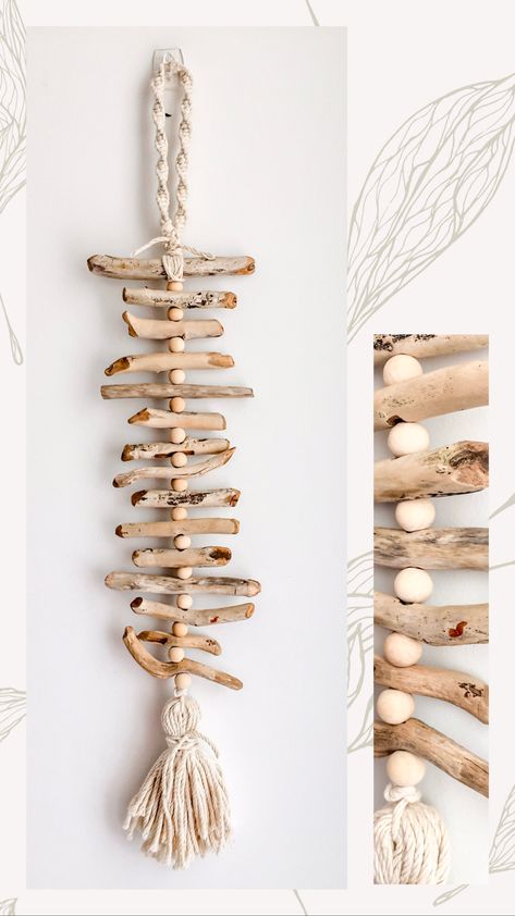 Boho Driftwood Decor, Macrame On Driftwood Diy, Things To Make With Driftwood, Driftwood And Beads, Driftwood Crafts Wall Hangings, Driftwood Crafts Diy, Diy Driftwood Projects, Diy Driftwood Decor, Driftwood Wind Chimes