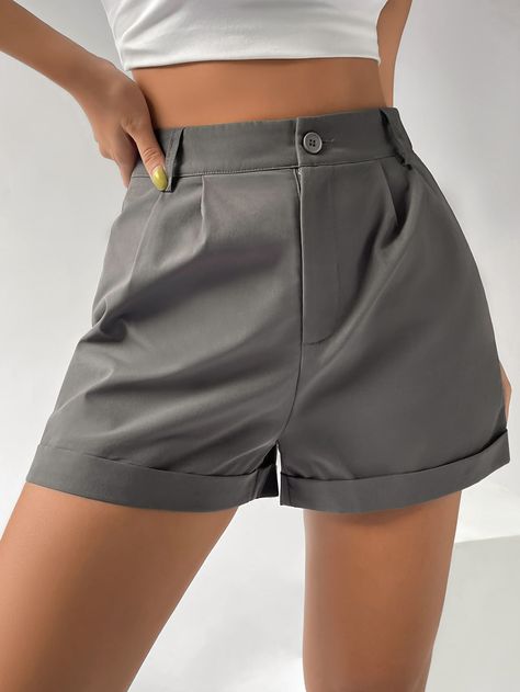 Grey Casual Collar  Woven Fabric Plain Wide Leg Embellished Non-Stretch  Women Bottoms Wide Leg Shorts, Outfit 2022, Women Bottoms, Women Shorts, Rolled Hem, Casual Outfit, Womens Bottoms, Woven Fabric, Jean Shorts