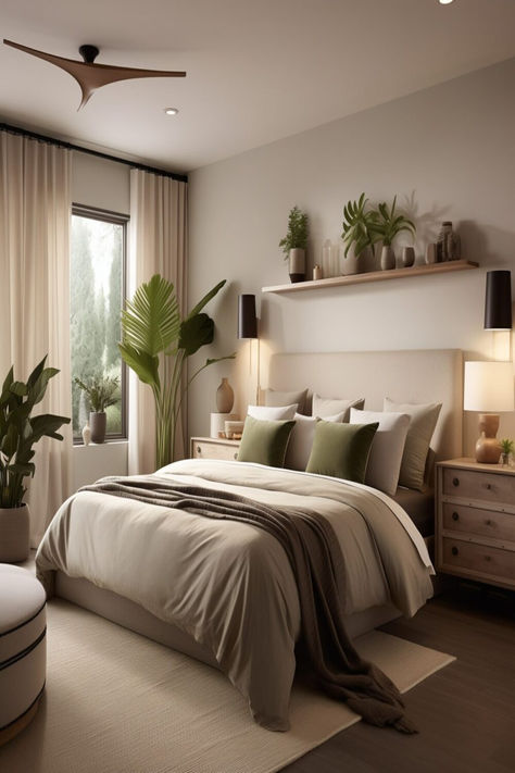 A serene contemporary bedroom with soft neutral tones and lush plants, designed to create a calming atmosphere for couples. Apartment Bedroom Ideas For Couples, Small Bedroom Ideas For Couples, Small Apartment Bedrooms, Apartment Vibes, Calming Bedroom, Bedroom Decor For Couples, Apartment Bedroom, Woman Bedroom, Couple Bedroom