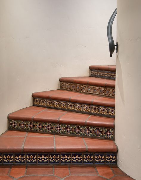 Spanish Revival Wallpaper, Spanish Revival Tile, Spanish Revival Entryway, Spanish Pueblo Revival, Spanish Staircase, Spanish Craftsman, Mission Revival Homes, Spanish Stairs, Mediterranean Spanish Style Homes