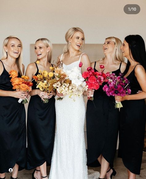 Black Bridesmaid Dress Colorful Bouquet, Monochrome Bridesmaid Bouquet, Black With Pops Of Color Wedding, Spring Wedding Black Bridesmaid Dress, Black Bridesmaid Dresses Colored Flowers, Black Bridesmaid Dresses With Colorful Flowers, Black Bridesmaid, Black Bridesmaid Dress Mismatched, Bridesmaid Bouquet Alternatives