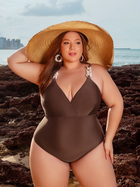 Coffee Brown  Collar  Knitted Fabric Plain  Embellished Medium Stretch  Women Plus Clothing Cute Traveling Outfits, Brown One Piece Swimsuit, Plus Sized Woman, Chic Travel Style, One Piece Swimsuit Plus Size, Capsule Wardrobe List, Brown Swimsuit, Brown One Piece, Swimsuit Plus Size