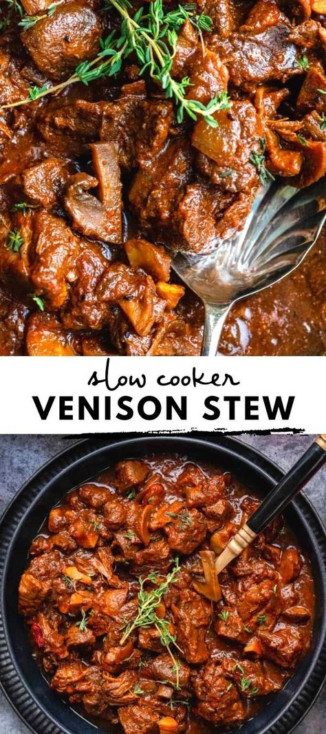 Venison Stew Crockpot, Venison Recipes Crockpot, Venison Casserole, Stew With Mushrooms, Venison Steak Recipes, Recipe With Beef, Beef Shin, Slow Cooker Venison, Venison Stew