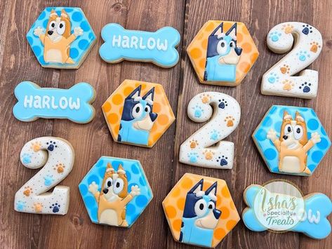 Isha's Specialty Treats on Instagram: "How cute are these ?! Bluey Cookies for 2nd Birthday. I love how this set came together. I go back and forth a lot with myself on how I want a set to come together. Even as I work lol it's constantly me changing my mind 😬. Ultimately this one came together perfectly ! #ishspecialtreat #blueycookies #birthdaycookies #2ndbirthday #decoratedsugarcookies #sugarcookies #royalicing #blueandorange" Blue Royal Icing Cookies, Royal Icing Cookies Bluey, Bluey Birthday Cookies For Boys, Bluey Cookie Ideas, Bluey Cookies For Boys, Bluey Cookies For Girl, Bluey Cookies Decorated, Bluey Treats, Bluey Cookie