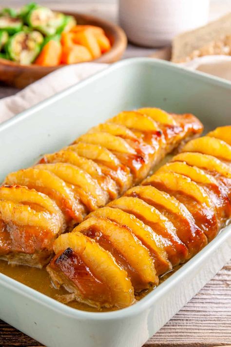 Pineapple Pork Tenderloin Baked Pork Loin, Baked Pork Tenderloin, Juicy Pork Tenderloin, Pineapple Pork, Healthy Recipes For Diabetics, Pork Glaze, Baked Pork, Glazed Carrots, Garlic Mashed