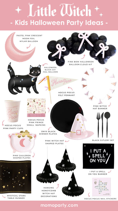 Dive into an enchanting world of witch-inspired delights with our Little Witch Halloween party ideas at Momo Party. Cute, pink, and perfect for kids, it's all about witches, black cats, and crescent moons for your little witch. Get ready for some hocus pocus and let the fun begin. For more bewitching inspiration, check out momoparty.com for Halloween party supplies and decorarting ideas! Witch Birthday Party Kids, Witch Birthday Party Ideas, Cute Witch Aesthetic, Themed Halloween Party Ideas, Witch Themed Party, Witch Birthday Party, Witch Themed Halloween, Witch Party Decorations, Witchy Birthday