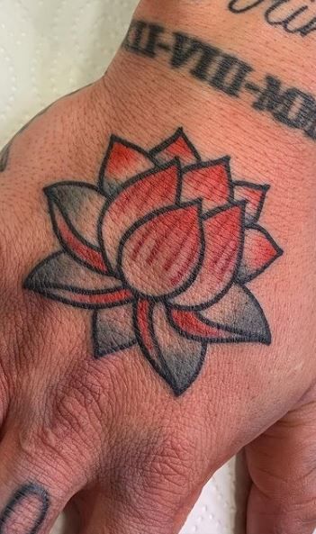 American Traditional Lotus Flower Tattoo, Lotus Flower Design Tattoo, Men’s Lotus Flower Tattoo, Lotus Tattoo Traditional, Old School Lotus Tattoo, Lotus Hand Tattoo Men, Masculine Lotus Tattoo, Mens Lotus Flower Tattoo, Neo Traditional Lotus Tattoo