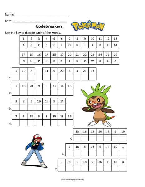 Click on the image to view the PDF.  Print the PDF to use the worksheet. Codebreakers- Pokemon Enjoy this fun puzzle with Pokemon characters. Suggested Grade Level Any Pokemon Secret Code, Pokemon Maze Free Printable, Pokemon Reading Activities, Pokemon Activity Sheets, Pokemon Math Worksheets, I Spy Pokemon, Pokemon Worksheets Free Printables, Pokémon Activities, Pokemon Worksheets