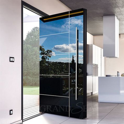 Pivot Doors Entry, Aluminium Door Design, Modern Entrance Door, Modern Entry Door, Single Door Design, Main Entrance Door Design, Luxury Exterior, Pivot Door, Grill Door Design