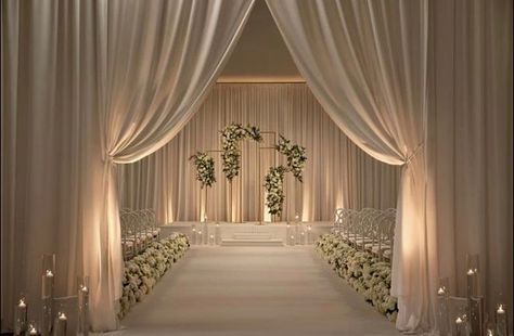 Wedding Venue Drapes, Wedding Decorations Hall, Wedding Ballroom Decor, Event Space Decor, Content Room, Ceremony Decorations Indoor, Wedding Ceremony Decorations Indoor, Indoor Wedding Ceremony, Candlelit Wedding