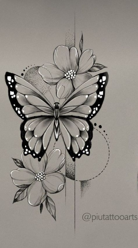 Butterfly Floral Tattoo Design, Butterfly On Flower Drawing, Butterfly And Flower Drawing, Lily And Butterfly Tattoo, Flowers Butterfly Tattoo, Butterfly On Flower Tattoo, Flower Tattoo With Butterfly, Butterflies And Flowers Tattoo, Floral Mandala Tattoo Design