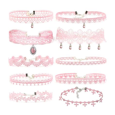 PRICES MAY VARY. Versatile Set: This set includes 10 stylish and trendy pink lace choker necklaces for various occasions. Fashionable Design: The delicate lace material and choker style create a chic and feminine look. The chain length is approximately 12 inches+2.7 inches extended chain, suitable for most neck sizes. Lightweight and Comfortable: Made with lightweight materials, these chokers are comfortable to wear all day. Easy to Accessorize: Pair these chokers with different outfits for a to Pink Necklaces Aesthetic, Chokers Aesthetic, Rouge Cosplay, Necklaces Pink, Coquette Clothing, Lace Choker Necklace, Pink Choker, Lace Choker, Magical Jewelry