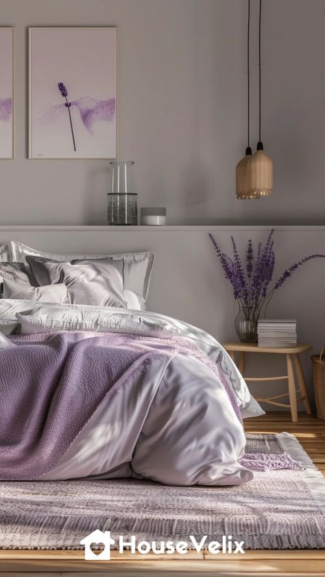 Grey and Lavender Serenity Lavender Interior Bedroom, Lavender Haze Bedroom Ideas, Dusty Purple Bedding, Lavender Room Ideas, Purple Gray Bedroom, Lilac Bedroom Ideas, Colour Bedroom, Grey Bedrooms, Cube Project