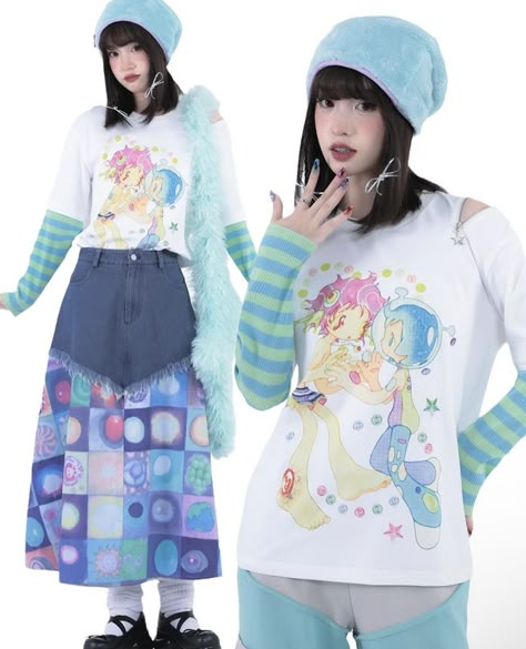 Sea Punk Outfits, Painter Outfits, Alien Aesthetic Outfit, Kidcore Aesthetic Outfits, Vaporwave Outfit, Kidcore Outfit, Silly Clothes, Idol Fashion, Kawaii Clothes