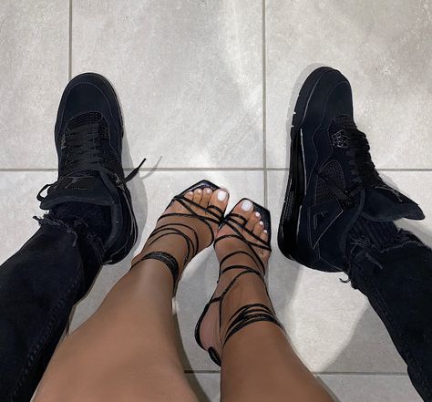 Heels And Shoes Couple, Jordan 4 Black Cat Outfit, Couple Shoes Pictures, Couple Shoes Matching, Jordan Couples, Black Cat Outfit, Shoes Pictures, Me N Bae, Shoes Matching