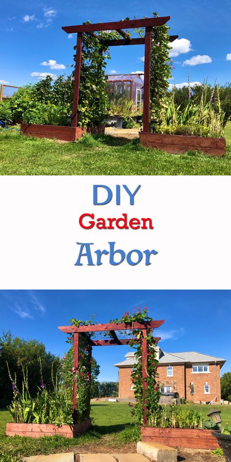 Wooden Archway Garden, Metal Bed Frame Garden Trellis, Diy Arbor With Planters, Vine Archway Diy, How To Make An Arbor, Diy Wood Arbor, Diy Arbor Trellis, Garden Arbor Diy, Climbing Flowers Trellis