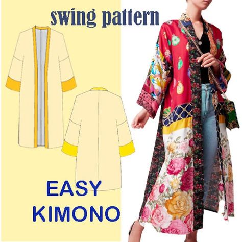 This trendy and simple jacket is a basic sewing pattern that is easy to create and is perfect for beginners or experienced sewers! The pattern is available in sizes XS-S, M-L, XL-XXL All models already include seam allowance* Purchase includes: print A4 size Print in A0 format It is recommended to use lightweight fabrics, such as cotton, viscose, shiny crepe, satin, silk, non-stretch fabrics. This kimono is not lined and is open without closure. For all sizes you will need 2.5 yards or 2.5 yards of fabric. As for the back, it is made up of two pieces. But if you want to make it one piece, you cut the seam size from the middle and combine the two pieces, . If you're looking for a beginner-friendly project that takes 30 minutes to complete, this one is perfect for you! I hope you enjoy! you Sewing Pattern Cardigan Duster, Luxury Velvet Sharara With Traditional Drape, One Piece Lightweight Shawl Pattern Sewing, Fleece Kimono Pattern, Sewing Kimono Pattern, Kimono With Pockets Pattern, Sleeveless Kimono Pattern, Knitted Kimono Pattern, Kimono Jacket Free Pattern