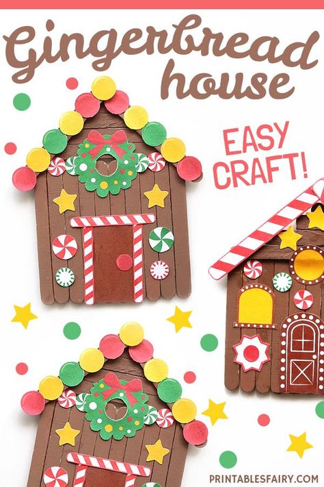 Easy Gingerbread House Craft House With Popsicle Sticks, Popsicle Stick Gingerbread House, Gingerbread House Craft, Popsicle Stick Christmas Crafts, Juleverksted For Barn, House Craft, Gingerbread Crafts, Christmas Crafts For Toddlers, Popsicle Crafts