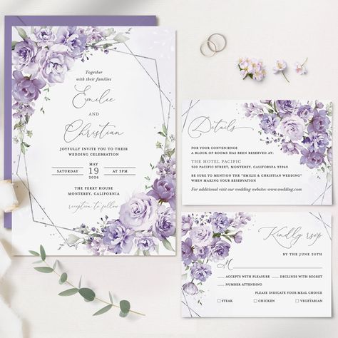 "Lavender Floral Wedding Invitation Set Template, Lilac Gold Invite Suite, Elegant Boho Purple Details Card, Geometric Garden RSVP, Instant Download ------------------------------------------------------------------------ THIS FILE IS AN EDITABLE DIGITAL FILE. (COMPUTER, MOBILE DEVICE) DIGITAL FILES ONLY NO PRINTED MATERIALS ------------------------------------------------------------------------ ★BUY MORE & SAVE MORE★ * You get a 40% discount when you buy 3 or more items. Coupon code \"3BP40\" ------------------------------------------------------------------------ [TRY BEFORE YOU BUY] Demo this item now! Copy and paste the URL below to demo https://www.corjl.com/d/1BIAMH ------------------------------------------------------------------------ [EDIT YOUR ITEMS AT \"Corjl.com\"  RIGHT AFTE Lilac And Gold Wedding, Lavender Floral Wedding, Light Purple Wedding, Geometric Garden, Purple And Silver Wedding, Lavender Wedding Invitations, Garden Details, Invite Suite, Boho Purple