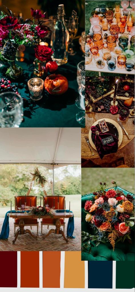 Gem Tone Fall Wedding, Fall Jewel Tones Wedding, Navy Copper Olive Wedding, Jewel Tone Wedding Attire, Moody Wedding Mood Board, Fall Wedding Colors Jewel Tones, Jewel Tone Green Wedding, Jewel Tone Mexican Wedding, Jewel Toned Bridal Party