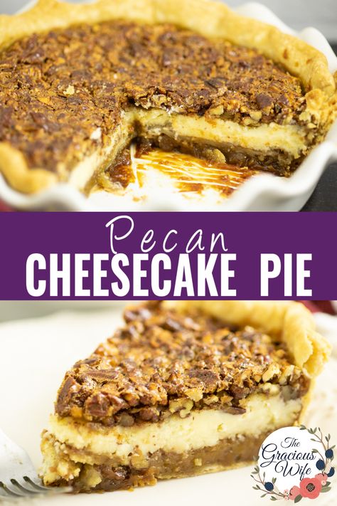 The only thing better than classic pecan pie is Pecan Cheesecake Pie. Combine the best of both worlds with the decadent gooey caramel flavor of pecan pie filling and crunchy pecans paired with rich, creamy vanilla cheesecake. Kentucky Derby Pecan Cheesecake, Pecan Pie Cheesecake Recipe Easy No Bake, Home Made Pecan Pie Recipes, Slow Cooker Pecan Pie, Pecan Meal Recipes, Pecan Pie Variations, Pecan Pie Trifle Recipe, Angel Pecan Pie, Deep Dish Pecan Pie Recipe