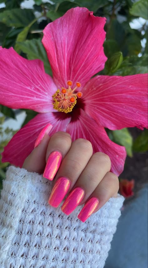 Hot Pink Neon Nails, Summer Acrylic Nails Stiletto Shape, Hot Pink Unicorn Nails, Hot Pink Glazed Nails, Hot Pink Chrome Nails Square, Nails To Match Hot Pink Dress, Barbie Chrome Nails, Magenta Chrome Nails, Neon Pink Chrome Nails