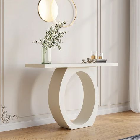 39.4" Modern White Console Table with Circle Base White Wooden Entryway Table Dining Room Console Table White, White Half Moon Console Table, White Arch Entry Table, Modern White Console Table With Drawers, Modern White Entryway Table, White Consol Table, Round Mirror And Console Table, Entryway Table White And Gold, White Entryway Table Boho