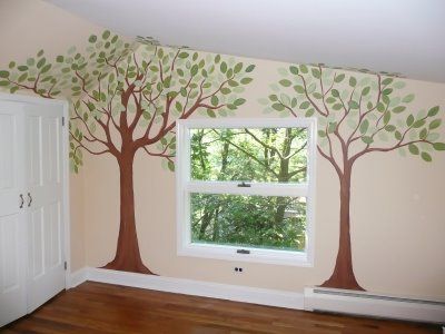 Trees, glorious trees! Tree Mural Nursery, Tree Wall Painting, Simple Nursery, Tree Mural, Nursery Mural, Tree Nursery, Family Tree Wall, Small Room Design, House Design Photos