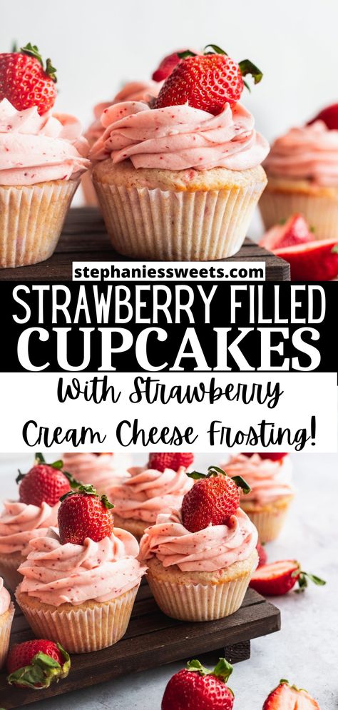 These strawberry filled cupcakes have a strong strawberry flavor. They are filled with fresh diced strawberries and topped with strawberry cream cheese frosting. Strawberry Cream Cheese Filled Cupcakes, Roasted Strawberry Cupcakes, Vanilla Cupcakes With Strawberries, Strawberry Cheesecake Filling Recipe, Strawberry Cheesecake Cupcakes Recipe, Strawberry Cream Cheese Cupcakes, Strawberry Milkshake Cupcakes, Strawberry Cupcakes Decoration, Best Strawberry Cupcakes