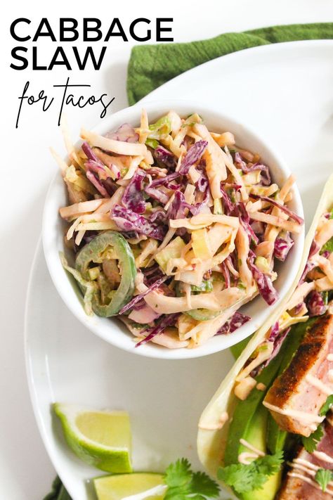 Jalapeño Fish Taco Slaw with Chipotle Crema (No Mayo) - fANNEtastic food Chipotle Slaw Recipe, Cabbage Slaw For Fish Tacos, Slaw No Mayo, Mayo Coleslaw Recipe, Cabbage Slaw For Tacos, Fish Taco Slaw, Jalapeno Slaw, Slaw For Tacos, Taco Slaw