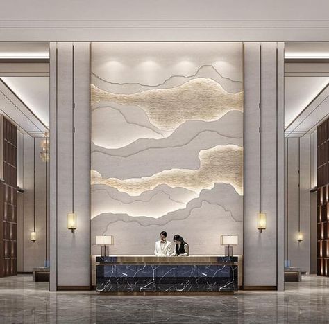 Wall decor ideas Perete Accent, Hotel Lobby Design, Lobby Wall, Lobby Interior Design, Wall Panel Design, تصميم للمنزل العصري, Reception Counter, Lobby Interior, Canvas For Beginners