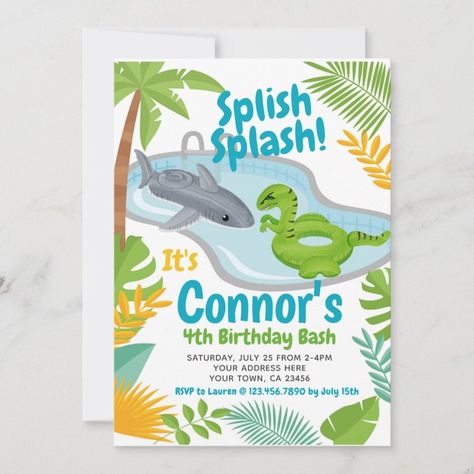 Pool Party Dinosaur and Shark Birthday Invitation  Zazzle Splish Splash Birthday Bash, Waterslide Party, Shark Invitation, Shark Birthday Invitation, Dino Decorations, Pool Birthday Invitations, Return Gifts For Kids, Summer Birthday Invitations, Shark Birthday Invitations