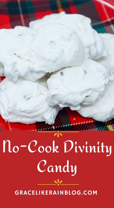 Divinity is a classic holiday candy that many people remember from their childhood but is not often made these days because it has a reputation for being finicky. This Easy No Cook Divinity recipe takes all the guesswork out of it and it turns out perfectly every time! | No Cook Can't Fail Divinity | No Cook Divinity using Frosting Mix | No Cook Divinity Candy Recipe | Christmas Candy Recipes | Christmas Divinity | #ChristmasCandy #Divinity #CandyRecipes Easy Christmas Divinity, How To Make Divinity Candy, No Cook Divinity Recipe, No Fail Divinity Recipe, No Cook Candy Recipes, Jello Divinity Recipe, Easy Divinity, Christmas Divinity, Divinity Candy Recipe