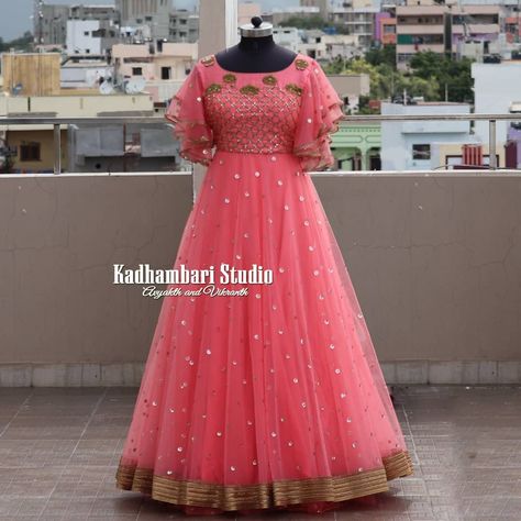 This  out fit is Available@12800 from house of Kadhambari. We can customize the colour and size as per your requirement.  We have… Hands Designs For Long Frocks, Long Churidar, Cloth Designing, Long Frok, Organza Anarkali, Baby Lehenga, Trending Dress, Party Wear Frocks, Umbrella Dress