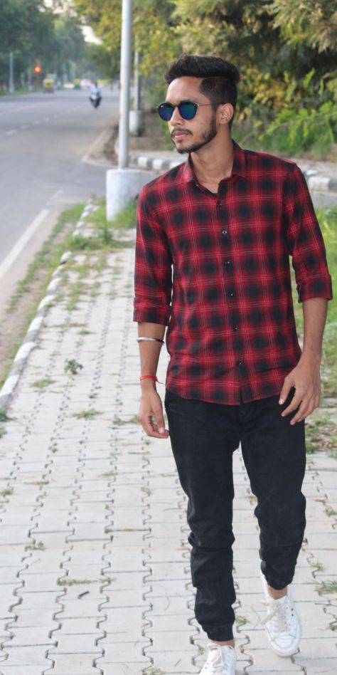 Combination of Red Check Shirt and Black Jogger Red Check Shirt Outfit Men, Plaid Outfit Men, Red Checked Shirt Outfit, Check Shirt Outfit, Checked Shirt Outfit, Red Checked Shirt, Plaid Outfit, Red And Black Shirt, Shirt Outfit Men