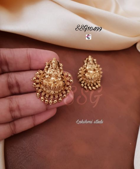 Lakshmi Studs Gold, Laxmi Devi Earrings Gold, Lakshmi Earrings Gold, Ear Studs Indian Gold, Lakshmi Earrings, Earrings With Price, Necklace Set Indian Bridal Jewelry, Gold Earrings For Kids, 22k Gold Earrings