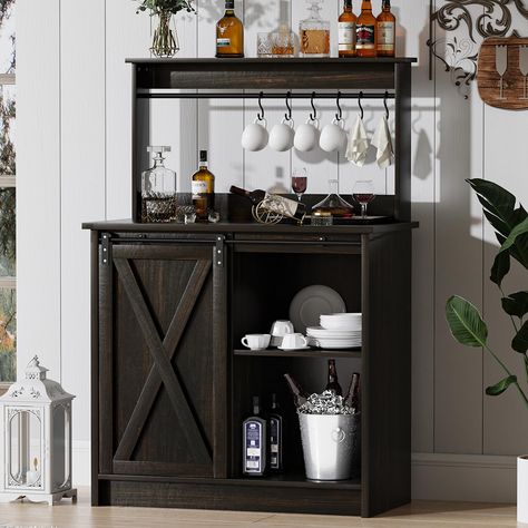 PRICES MAY VARY. FARMHOUSE STYLE: The farmhouse coffee bar cabinet with hutch features a combination of dark oak colored wood grain and black metal shelves for a strong farmhouse style. The unique sliding door design and stylish X-pattern design of the coffee bar with sliding barn door are not only easy to live with, but also add a rustic style to your home. PLENTY OF STORAGE SPACE: The dark oak coffee bar cabinet has a table top that perfectly accommodates the coffee maker as well as coffee bea Gray Coffee Bar, Dining Room Dark, Dark Dining Room, Bar Aesthetic, Coffee Bar Cabinet, Coffee Cabinet, Coffee Stand, Farmhouse Coffee Bar, Coffee Bar Ideas