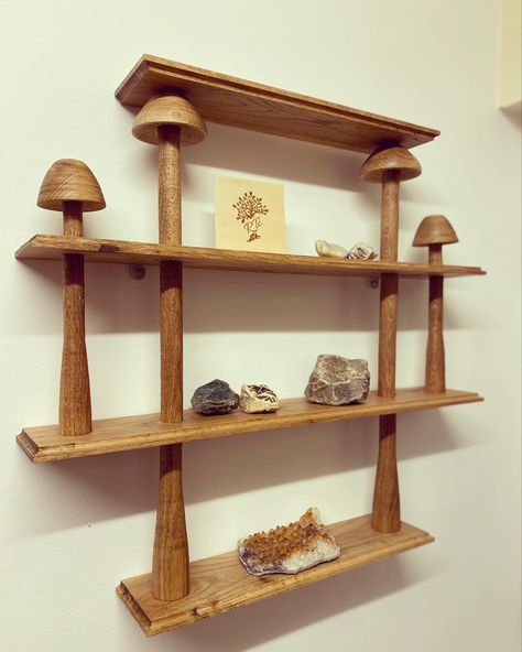 A four tier wall mounted shelf with wood mushrooms as brackets between the shelves. Mushroom Shelf, Fungi Art, Fairy Decor, Mushroom Decor, Wood Shelf, Diy Shelves, Dream House Decor, Wood Shelves, Dream Room