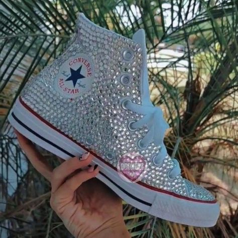 Custom Bling Converse Shoes Made By Bookerzbling**** Bottoms Of Shoes Could Be As Shown With Red And Blue Lines Or The All White Version If Your Size Isn't In Stock Anywhere Near Me :) (I Have 5 Stores I Go To) Regardless They Are High Top White Converse Shoes With Bling! These Are Listed In Womens Sizing As Shown Below! Even Though All Customs Are Made With Great Quality Materials, Wear And Tear Are Bound To Happen. On The Shoes, I Use Rhinestones And An Industrial Adhesive Glue, So Shoes Are D Bling Converse Shoes, Bedazzled Converse, Converse Chuck Taylor Leather, All Black Converse, White Converse Shoes, Bling Converse, Converse Shoes Womens, Platform Converse, Custom Bling