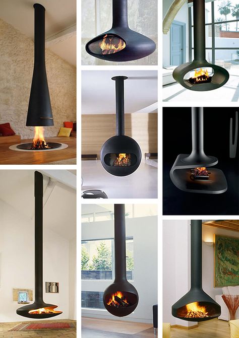 suspended-fireplace Design Camino, Suspended Fireplace, Hanging Fireplace, Vintage Industrial Decor, Stove Fireplace, Home Fireplace, A Frame House, Hus Inspiration, Wood Burner