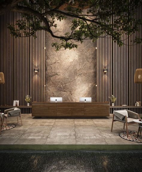 Lobby space Hotel Reception Lounge Design, Hotel Reception Back Wall Design, Hotels Lobby Design, Residential Entrance Lobby Design, Hotel Lobby Seating Design, Hotel Lobby Inspiration, Hotel Reception Design Ideas, Modern Luxury Hotel Lobby, Hotel Receptionist Design