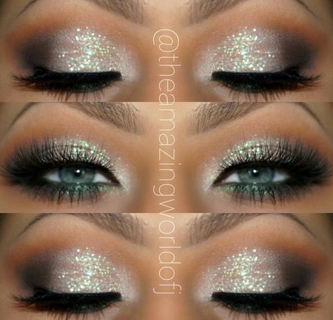 Silver Glitter Eye Makeup, Glittery Eye Makeup, Silver Eye Makeup, Green Smokey Eye, New Year's Makeup, Glittery Eyes, Glitter Eye Makeup, Smink Inspiration, Glamorous Makeup