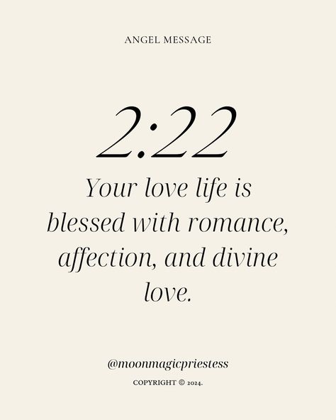 Comment ✨🦋✨222✨🦋✨to affirm! Angel Number 👼🏼 222 is a sacred reminder that your love life is blessed with romance, affection, and divine love. Allow your heart to remain open and receptive to the abundance of love the universe has to offer. 🌹Get My FREE ‘Divine Feminine Energy’ Guide at moonmagicpriestess.com 📔ORDER MY NEW ‘DREAM JOURNAL’ available on Amazon! Links in bio @moonmagicpriestess #moonmagicpriestess #222 #angelnumber #angelnumbers #divinelight #divinelovers #romancequotes ... 222 In Love, Love In Abundance, 222 Angel Number Love, Angel Number For Love, Divine Love Quotes, Angels In Love, Love Angel Number, Couples Vision Board, Manifest Quotes